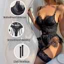 Sexy Lingerie 3 Piece Sets Women Lace Bodysuit with G-String and Stockings Sheer Mesh Strappy Outfits (Black, XL)