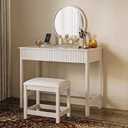 ChooChoo 40 Inch Modern Desk with Drawers, Makeup Vanity Desk with Padded Stool, Small Home Office Desk for Bedroom, White, 39.37in