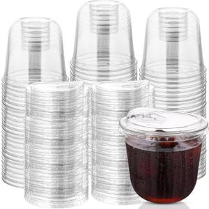 100 Sets Disposable Stemless Glasses With Strawless Sip Lids,PET Drinking Cups,Clear Plastic Coffee Cup for Iced Coffee, Smoothie, Cold Beverage, Drink Shop and Christmas Party Supply (Clear, 12 oz)