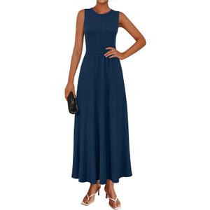 Arach&Cloz Womens Summer Maxi Dress 2025 Crew Neck Sleeveless Knitted Church Work Business Casual Outfits Long Dresses (Navy) XL