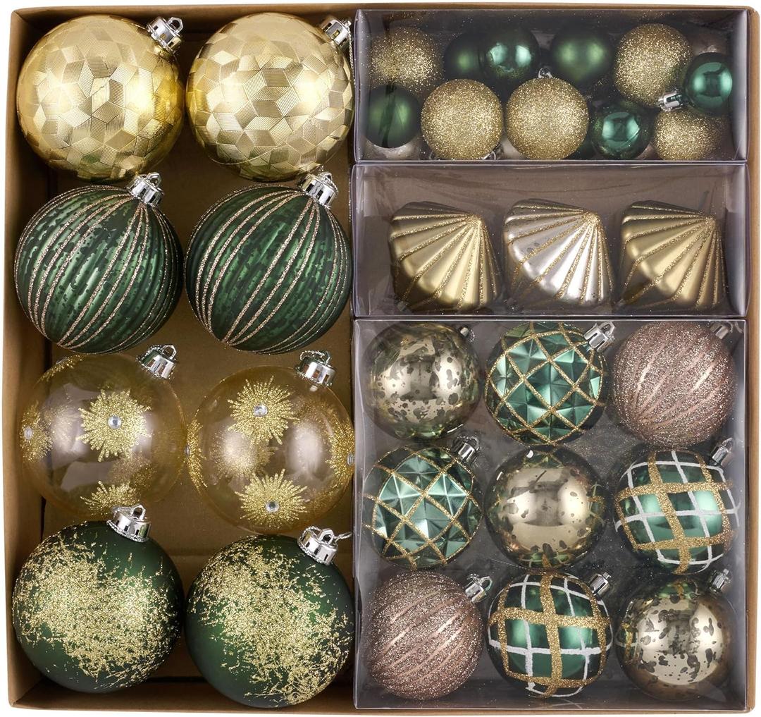 DecorbyHannah Christmas Ornaments Set, 60ct Shatterproof Emerald Green Gold Christmas Ornaments for Xmas Tree, Assorted Decorative Hanging Plastic Ball Bulk for Xmas Home Party Decor