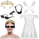 5Pcs Halloween Princess Costume Women Outfits white Dress Crown Headphone Sunglasses Gloves for Cosplay Party, Size L