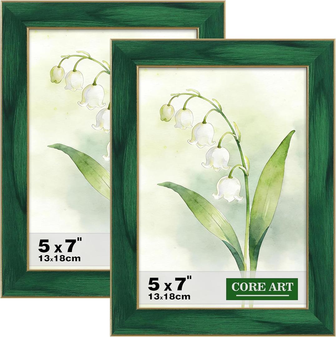 CORE ART 5x7 Picture Frames Green Photo Frames Set of 2, 5 by 7 Colorful Frame with HD Plexiglass, Wall or Tabletop Display