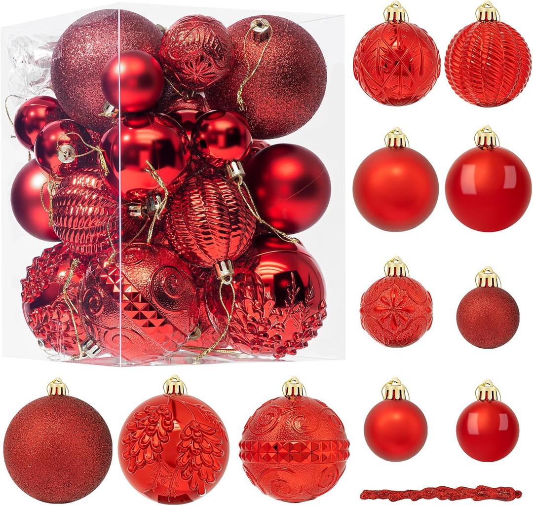 41PCS Red Christmas Ornaments Set - Shatterproof Christmas Tree Ornaments with Icicle for Holiday Party - Vintage Xmas Decorations in 4 Sizes
