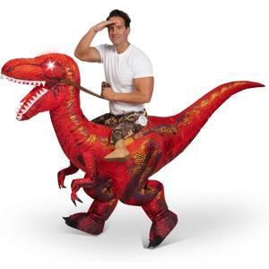 Spooktacular Creations Adult Inflatable Dinosaur Costume, Riding a Raptor, Printing T-rex Air Blow-ups with Light Eyes (Red)