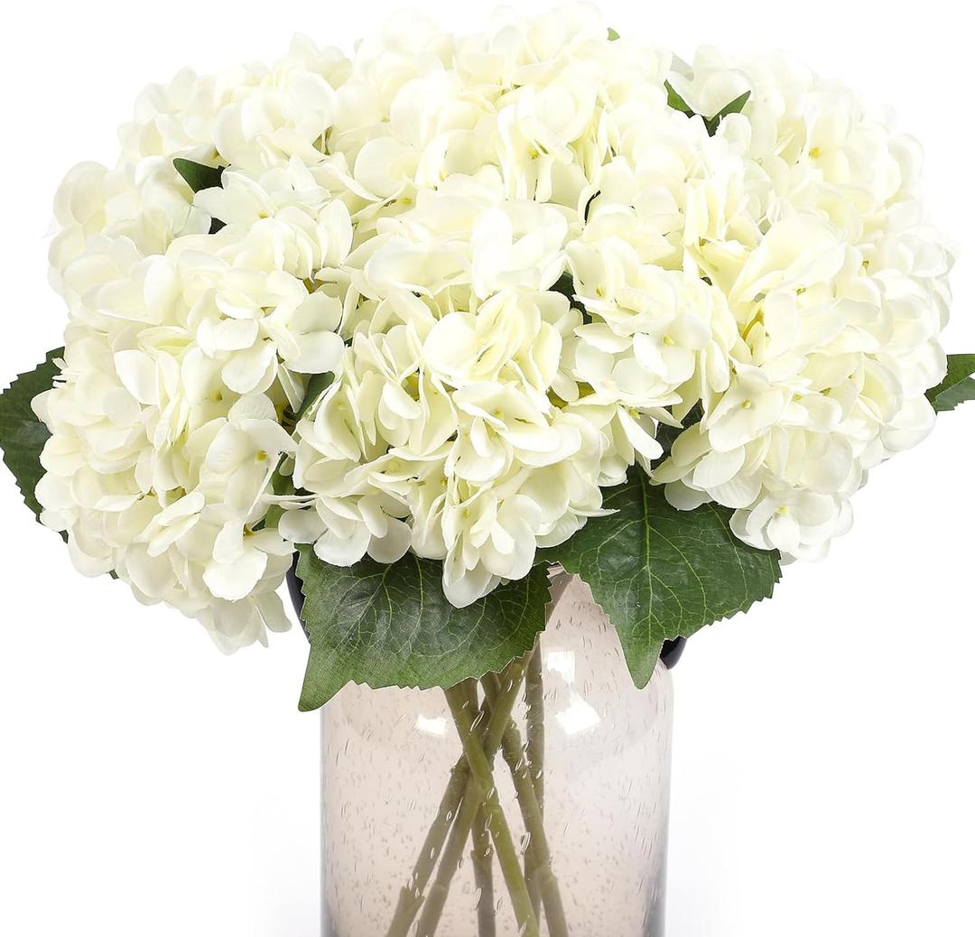 Kimura's Cabin 6Pcs Fake White Hydrangea Flowers Artificial Silk Hydrangeas with Stems Faux Hydrangea Bouquets for Home Wedding Party Table Core Decoration (White, Pack of 6)