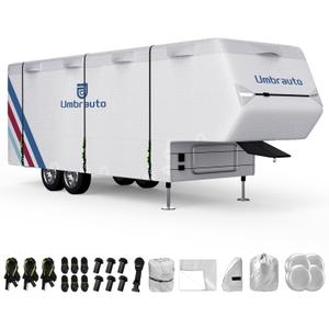 Umbrauto 5th Wheel RV Cover Upgraded 300D Waterproof Breathable Camper Covers Fits 31' - 34' Travel Trailer Motorhome with 2Pcs Extra Straps & Gutter Covers