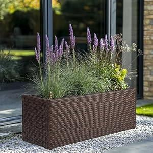 SUNNYPARK Brown Rectangular Planter Box All-Weather PE Rattan Large Modern Planters with Removable Liner Indoor Outdoor Decorative Flower Pot for Patio, Balcony, Garden