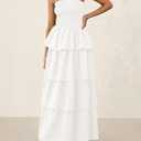 PRETTYGARDEN Women's Maxi Dress 2025 Summer Off Shoulder Smocked Tiered Ruffle Long Flowy Dresses Casual Beach Sundress (White,Large) 