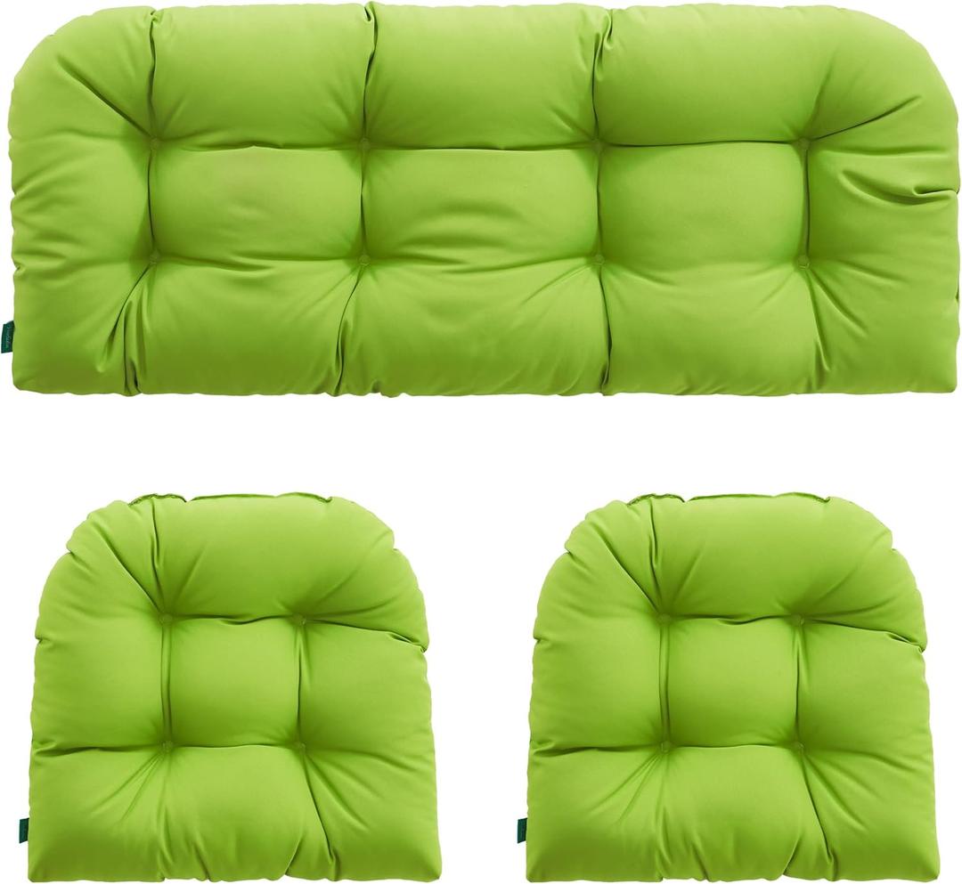 Outdoor/Indoor All Weather Tufted Wicker Chair Cushions of 3 Pieces, 1 Loveseat and 2 U-Shape Waterproof Cushions for Patio Furniture,Wicker Loveseat,Bench-Lime Green