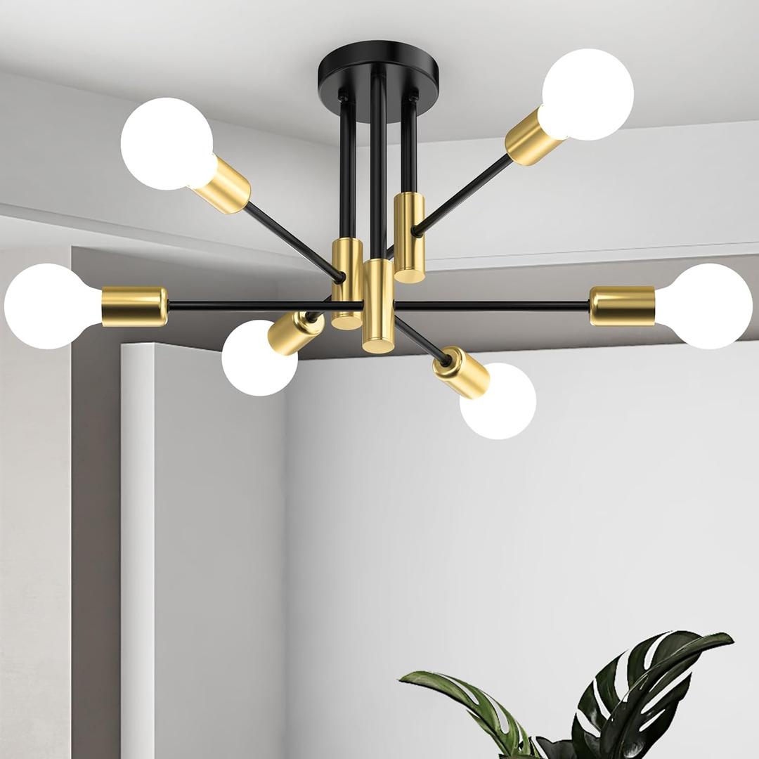 Modern Sputnik Chandelier Ceiling Light Fixtures, 6-Lights Mid Century Industrial Metal Semi Flush Mount Lamp for Bedroom Dining Room Living Room Kitchen Hallway Office-Black and Gold