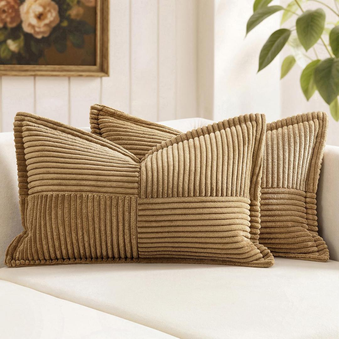 MIULEE Decorative Lumbar Throw Pillow Covers for Couch Bed Livingroom 12x20 Inch Set of 2 Brown Boho Accent Throw Pllows Broadside Striped Patchwork Soft Corduroy Pillowcases