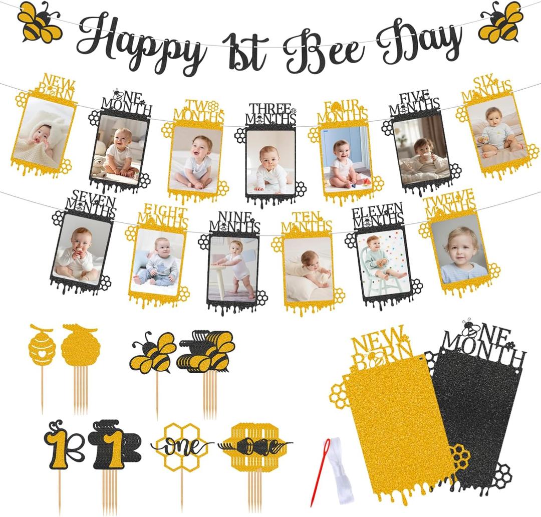 Glitter Black Gold Bumble Bee First Birthday Photo Banners from New Born to 12 Months Happy 1st Bee Day Party Decorations Monthly Milestone Picture Garland Banner for Boy Baby Shower with 24pcs Cake Toppers