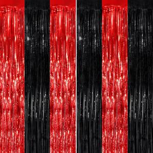 Black Red Fringe Curtain Party Streamers 2 Pack 3.3 x 8.3 Ft Foil Fringe Backdrop Curtains for Birthday Wedding Bridal Baby Shower Holiday Tinsel Streamers Black Party Decorations Door Streamers