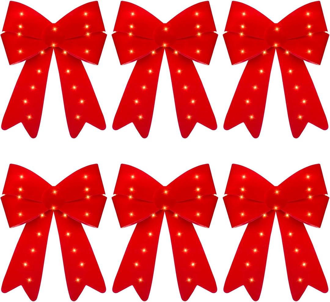 Zeyune 6 Pcs 10.63 x 15.35'' Velvet Red Christmas Bows with LED Lights Waterproof Christmas PVC Bow Large Plastic Lighted Bows for Christmas Tree Toppers Decor Wreath for Xmas Indoor Outdoor Decor