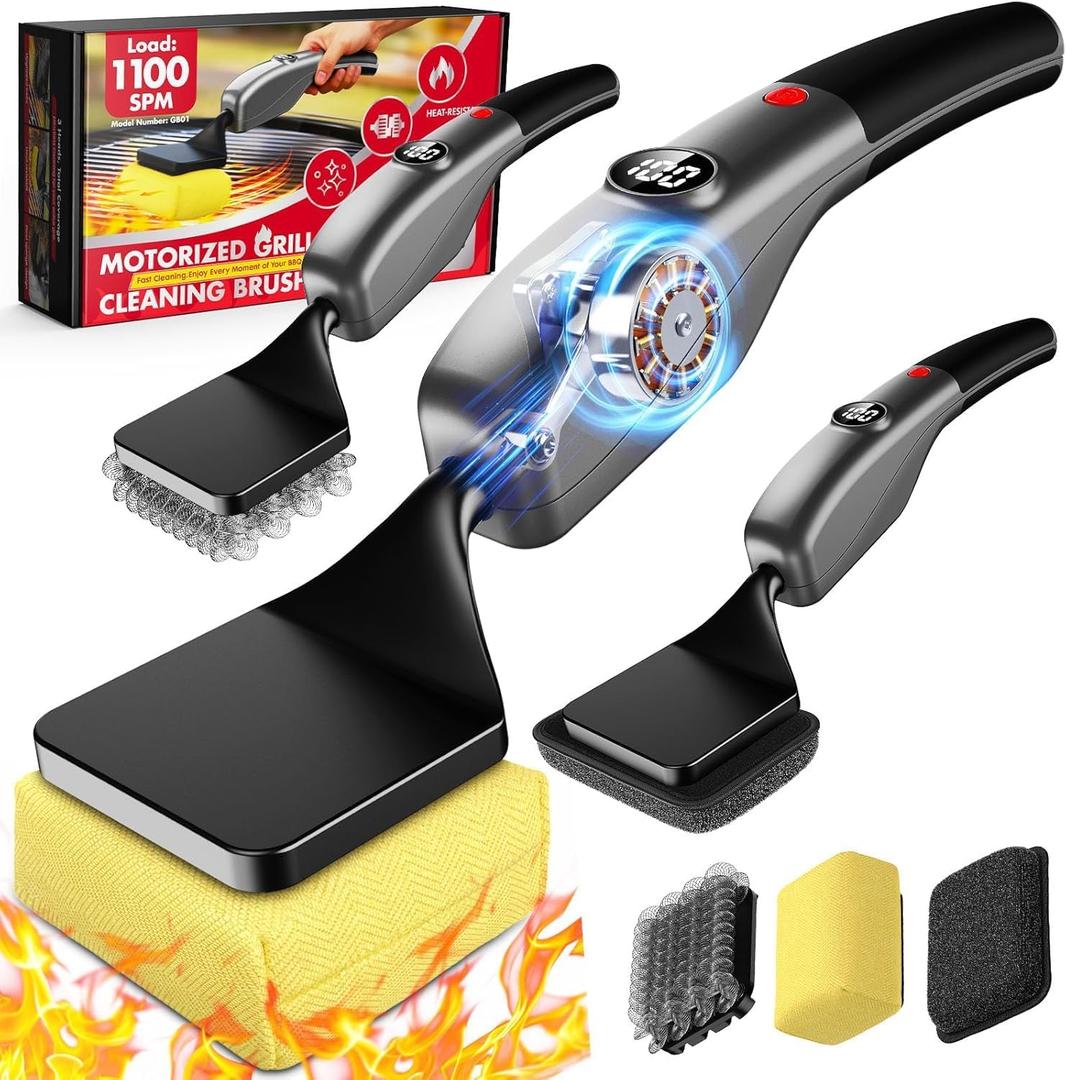 Bristle-Free Electric Grill Brush, Fire-Resistant BBQ Grill Brush, Reciprocating Grill Brush for Outdoor Grill, Grill Cleaner with 3 Heads, Cordless Grill Cleaning Brush with 3600 mAn, Silver