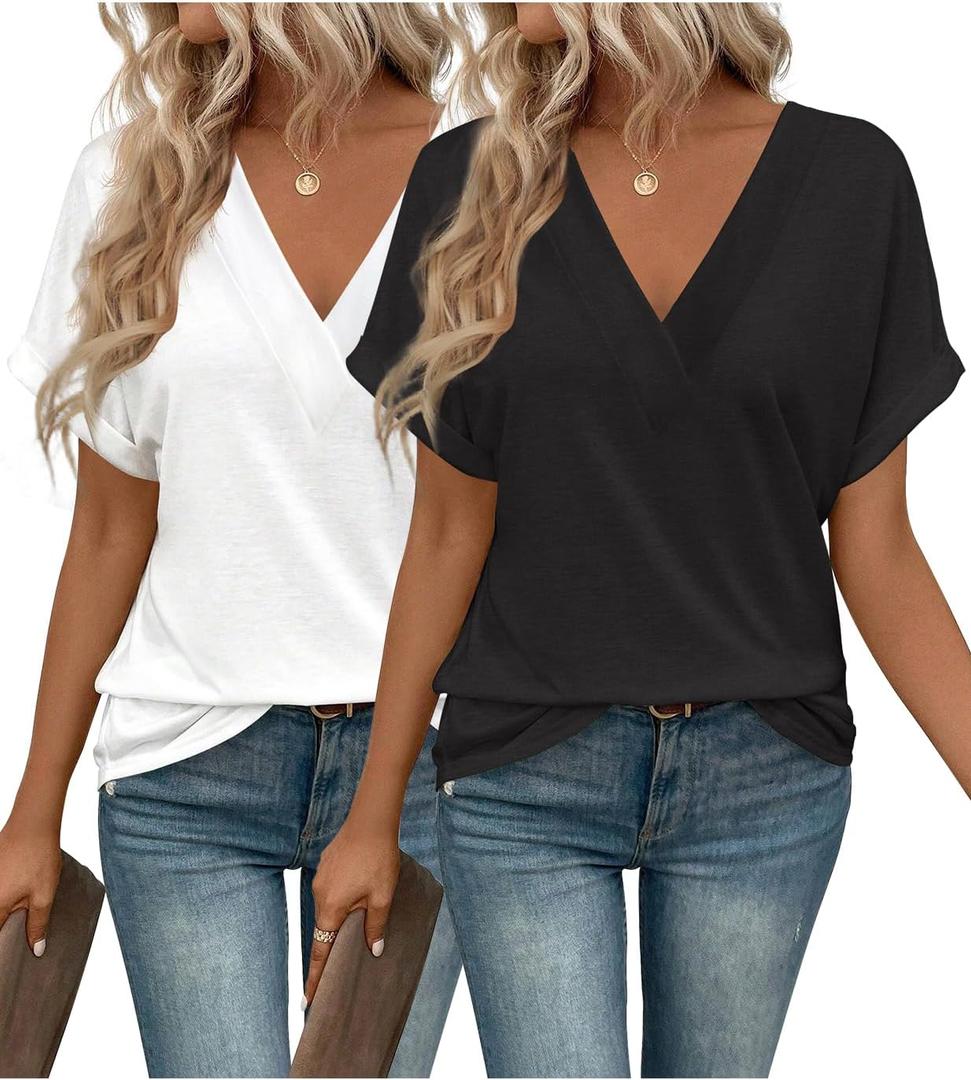 EyMuse 2 PCS Women's V Neck T Shirts Casual Trendy Short Sleeve True Classic Tees Ladies Summer Tops Loose Fit Outfits, White+Black, XXL