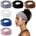 Headbands for Women, Wide Elastic Head Bands, Non-Slip Thick Hair Bands, Sports Stretchy Sweat Bands, Large Knotted Soft Headband for Washing Face, Makeup, Workout, Spa, Running, Fashion, 6-Pack (Grey/Navy/Brown/White/Pink/Black)
