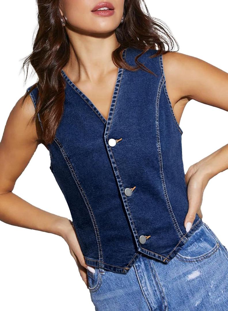 Sidefeel Women's Denim Vest Sleeveless V Neck Zimbaplatinum Jean Vest Top Button Down Crop Waistcoat Vest Summer Outfit (Small)