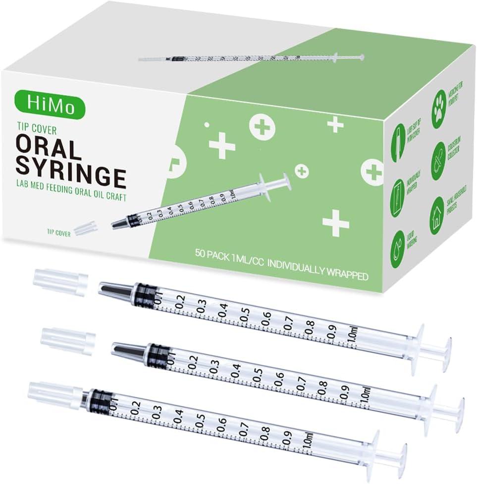 50 Pack 1ml Syringes with caps for Liquid, Oral, Colostrum Collector Feeding without Needle, Individually Wrapped
