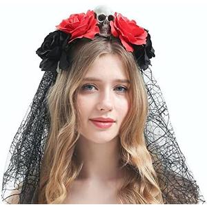 Bubbmi Mexican Rose Flower Crown Headband with Black Veil, Day of the Dead Headpiece, Halloween Costume Festival Headwear with Skull, Dia De Los Muertos Hairhoop (Mexican E)