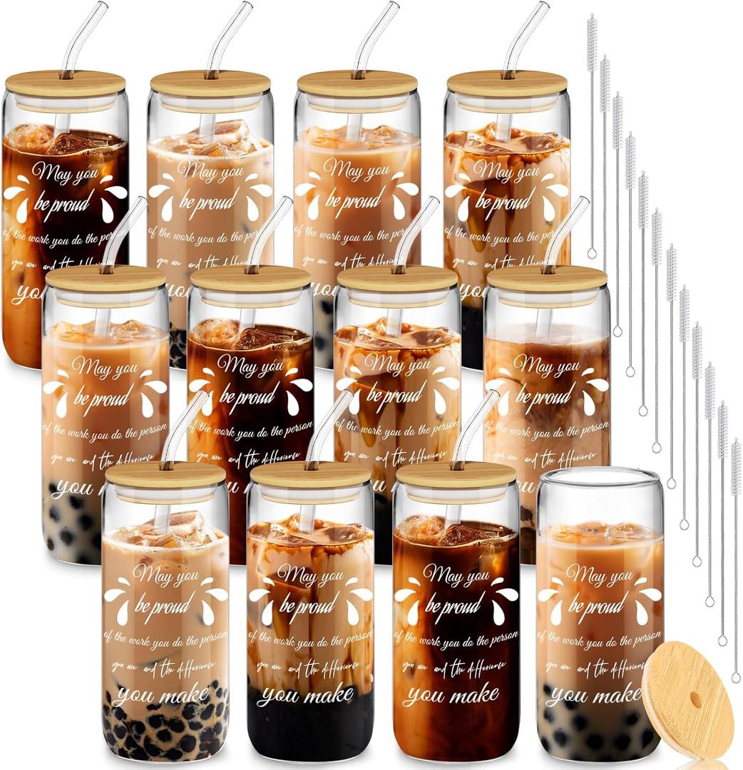12 Set Employee Appreciation Gifts, Inspirational Thank You Gifts for Women Best Friends, Teacher, Nurse, Boss, Staff - Farewell Gifts for Coworkers, 20oz Glass Cups w/ Lids Straws (May You)