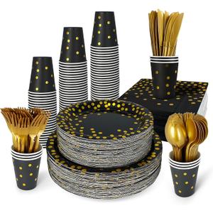 Disposable Plates for Party 50 Sets, Holiday Paper Plates and Napkins w/Cutlery & Cups, Heavy Duty Golden Dot Black Paper Plates and Napkins Cups for Baby Shower Birthday Wedding