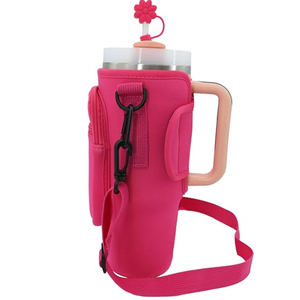 Water Bottle Carrier with Strap for Stanley 40 oz Tumbler, Personalized Initial ID Name Stanley Bag with Phone Pocket, Adjustable Strap, Stanley Cup Accessories (Hot Pink), Letter J