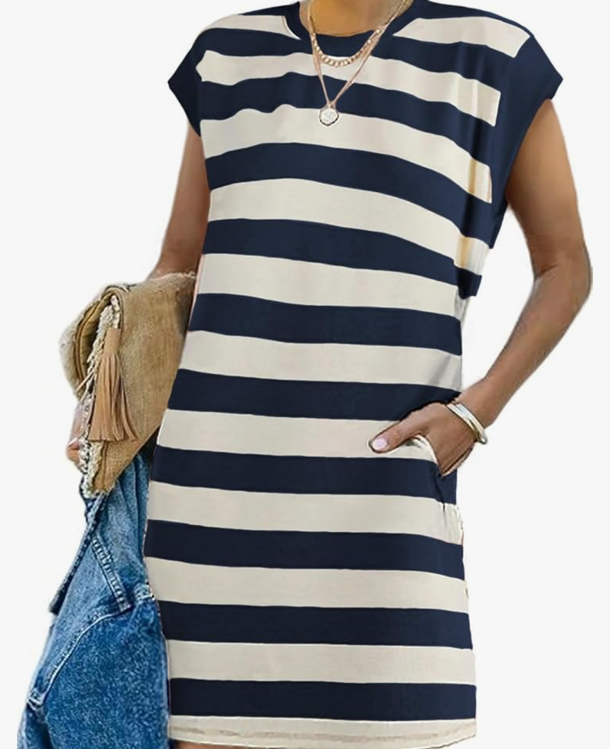 AlvaQ Womens Striped Summer Dresses 2025 Crewneck Cap Sleeve Color Block Casual A Line Tshirt Dress with Pockets Large
