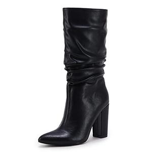 Syktkmx Womens Mid Calf Dress Boots Slouchy Pointed Toe Fall Winter Chunky Block High Heel Slip on Boots, 7