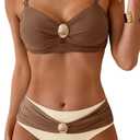 Eomenie Bikini Sets for Women Color Block Two Piece Bathing Suit V Neck Tie Back Swimsuit (Large, Brown Beige-c)