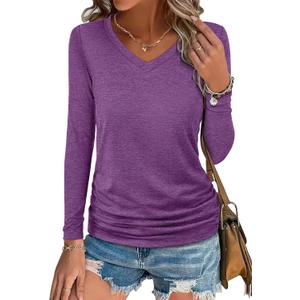 ANRABESS Shirts for Women Long Sleeve V Neck Tops Dressy Business Casual Side Ruched T-Shirts 2025 Fall Tee Blouses Outfits (X-Large, Purple)