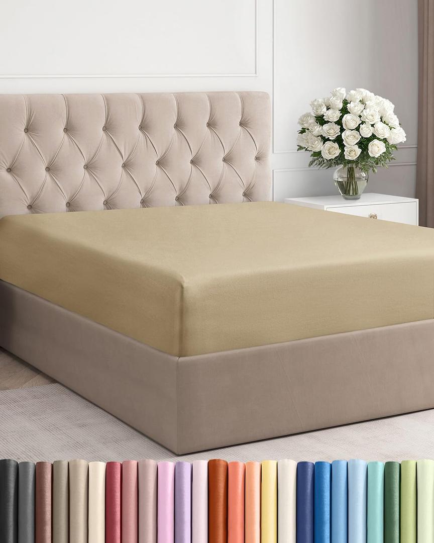 King Fitted Bed Sheet - Bottom Single Fitted Sheet Only - Ultra-Soft Hotel Luxury Bedding w/ 8-16 Inch Deep Pockets - Breathable, Cooling & Wrinkle Free - Easy-Care, Fade & Shrink Resistant - Beige