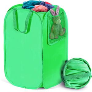 HOUSE AGAIN Upgraded Polyester Pop Up Laundry Hamper, Collapsible Laundry Baskets with Durable Handles Solid Bottom High Steel Frame and Side Pocket, Easy Open & Save space,Perfect for Storage(Green) (1-Pack)