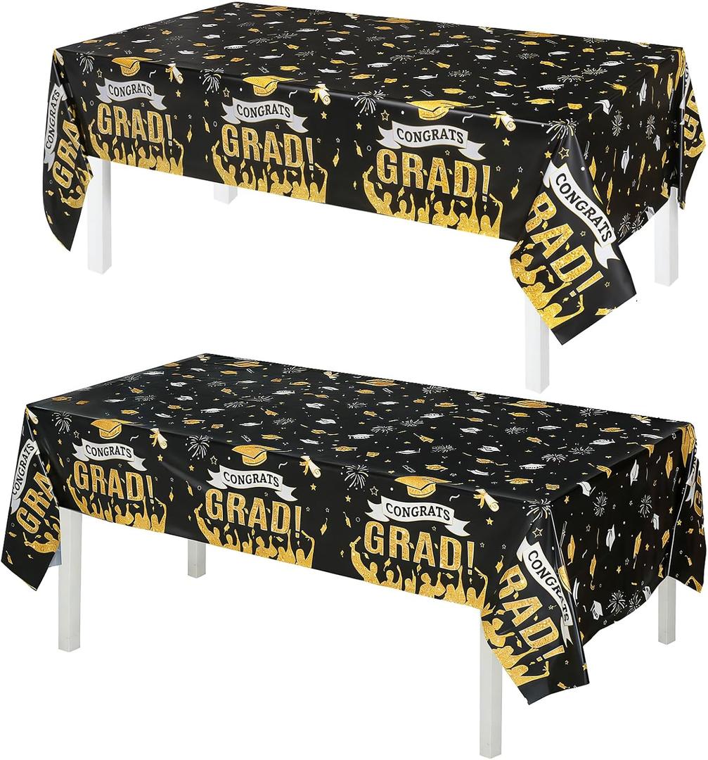 3 x Accevo Graduation Decorations 2026, 108" X 54" Graduation Tablecloth, Black Gold Rectangle Class of 2026 Table Cloths, Disposable Plastic Congrats Grad Tablecover for Grad Party Supplies, 2 Pack