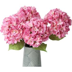 mizii 4Pcs Pink Artificial Hydrangea Flowers Large Fake Silk Hydrangea Flower with Leaves Stems Realistic Faux Hydrangeas Decorations for Wedding Table Centerpieces Vase Home Decor (Pink)