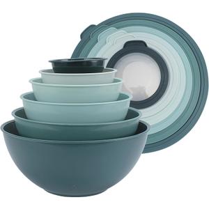 COOK WITH COLOR Mixing Bowls with TPR Lids - 12 Piece Plastic Nesting Bowls Set includes 6 Prep Bowls and 6 Lids, Microwave Safe Mixing Bowl Set (Teal)