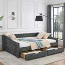 KEIKI Queen Size Upholstery Daybed with 2 Drawers and Headboard, Mid-Century Style Tufted Sofa Bed with Button on Back, Easy Assembly, No Box Spring Required, for Living Room and Bedroom, Grey