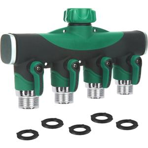 Garden Hose Splitter 4 Way - 3/4 Inch Heavy Duty Metal Water Faucet Splitter with Shut Off Valves 4 Way Leakproof Hose Connectors with Comfortable Rubberized Grip for Gardening Hoses 5 Washers