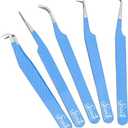 SIVOTE Lash Tweezers for Eyelash Extensions, Pack of 5 Blue – Lash Extension Tweezers Set with Diamond Grip, Precision Fiber Tip for Volume Tweezers Eyelash Extensions