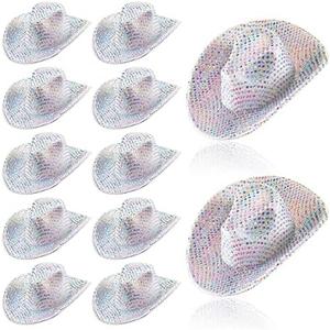 Sotiff Mini Disco Cowboy Hat Tiny Light up Holographic Space Cowgirl Hat Neon Party Decor for Party Doll, 12 Pcs(Silver)