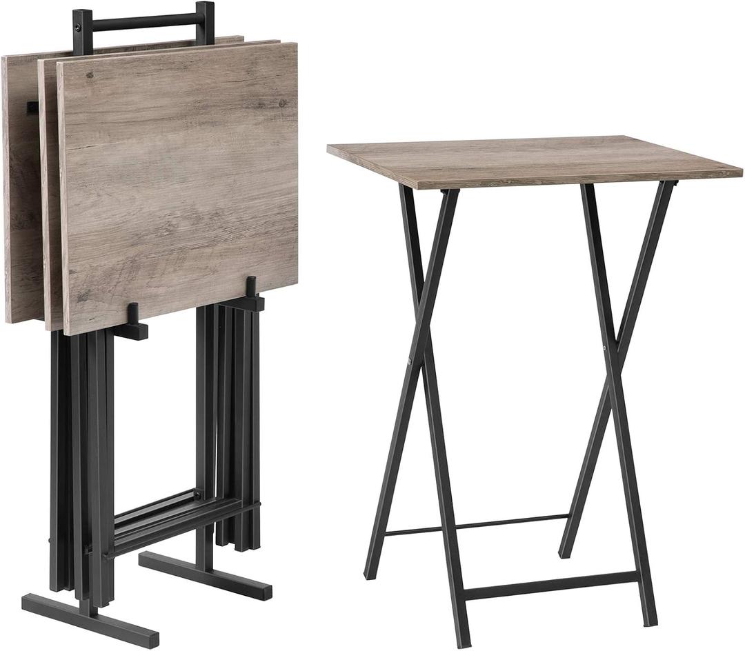 HOOBRO Folding TV Tray Tables, Set of 4 TV Trays with Storage Rack, Industrial Side Table for Eating at Couch, Foldable Snack Table for Small Space, Easy Assembly, Greige and Black BG50BZ01