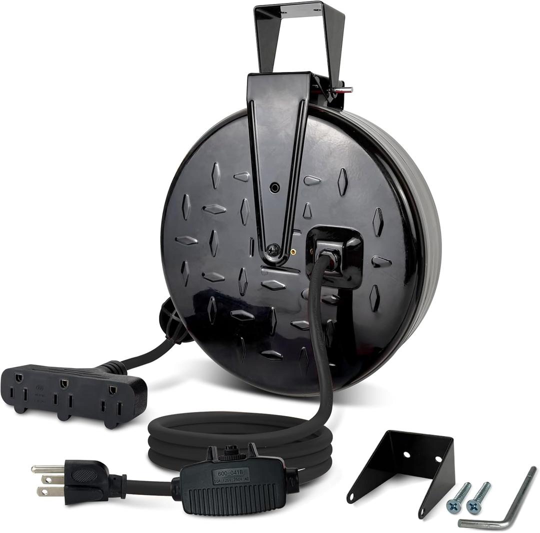 Retractable Extension Cord Reel, 16/3 SJTW Power Cord 30 Ft with 3 Electrical Outlets and 10 Amp Circuit Breaker, Ceiling or Wall Mount, Metal Plate, UL Listed, Grey