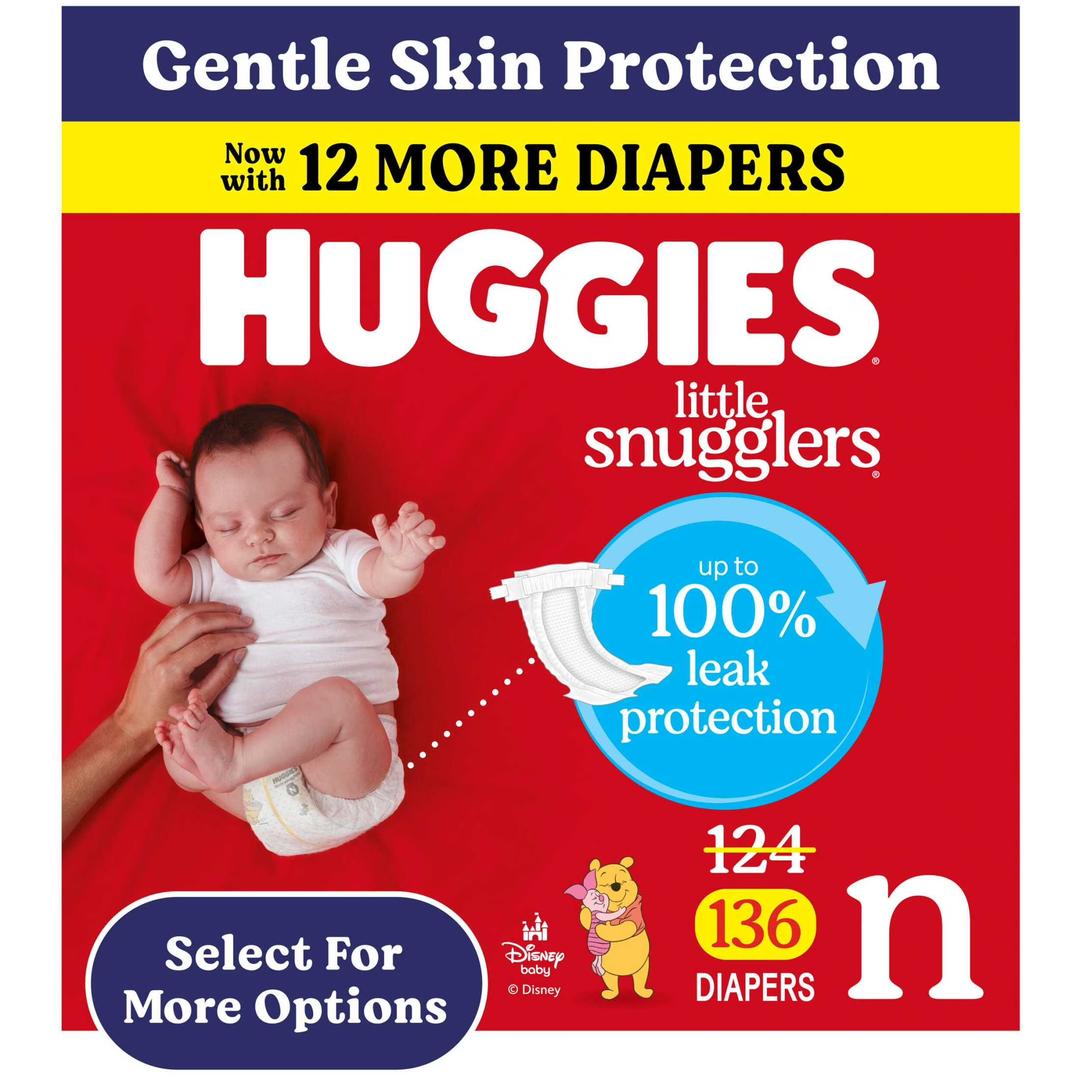 Huggies Little Snugglers Fragrance Free Baby Diapers, Size Newborn (Up to 10 lbs), 136 Count 