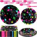 Jetec 240 Pcs Neon Party Decorations Serves for 40 Guests Glow Birthday Party Supplies, Include 7'' and 9'' Neon Plates, Fluorescent Napkins, Pink Plastic Forks and Spoons