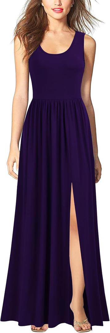 WOOSEA Women Sleeveless Scoop Neck Split Loose Sexy Plain Long Maxi Casual Dress (Purple, M)