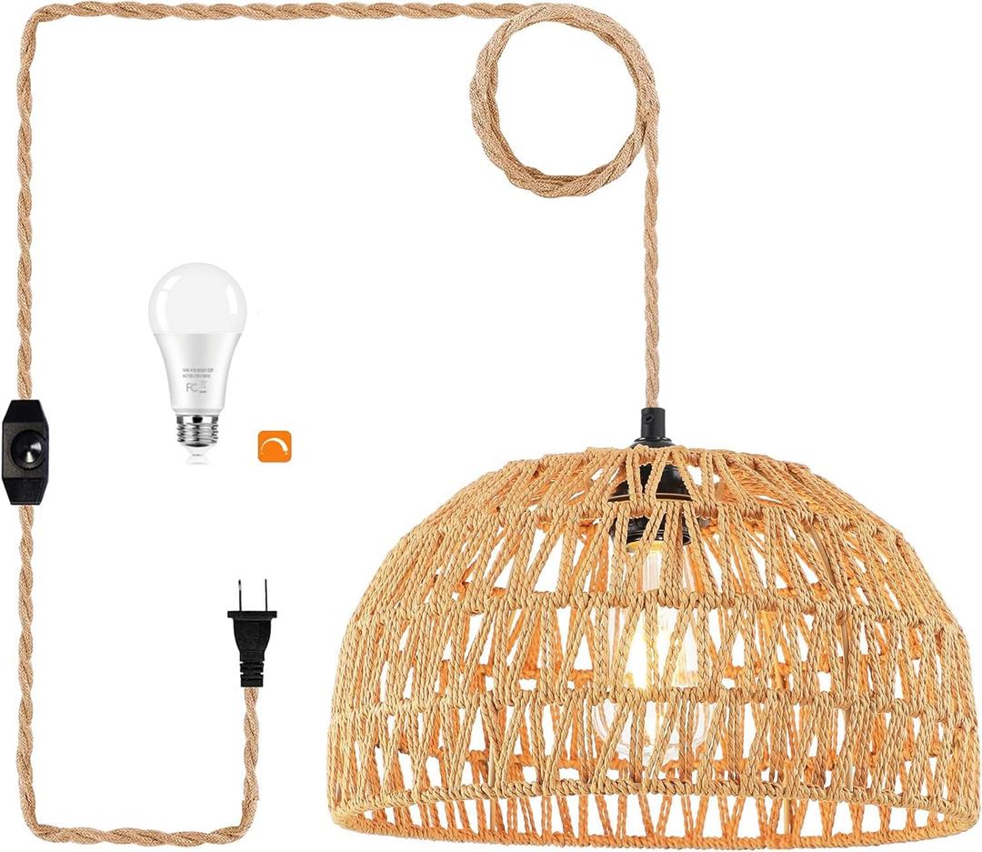 Plug in Pendant Light Rattan Hanging Lights with Plug in Cord Wicker Hanging Lamp with Woven Bamboo Basket Lamp Shade,Dimmable Switch,Boho Ceiling Light Fixtures for Kitchen,Farmhouse,Bedroom