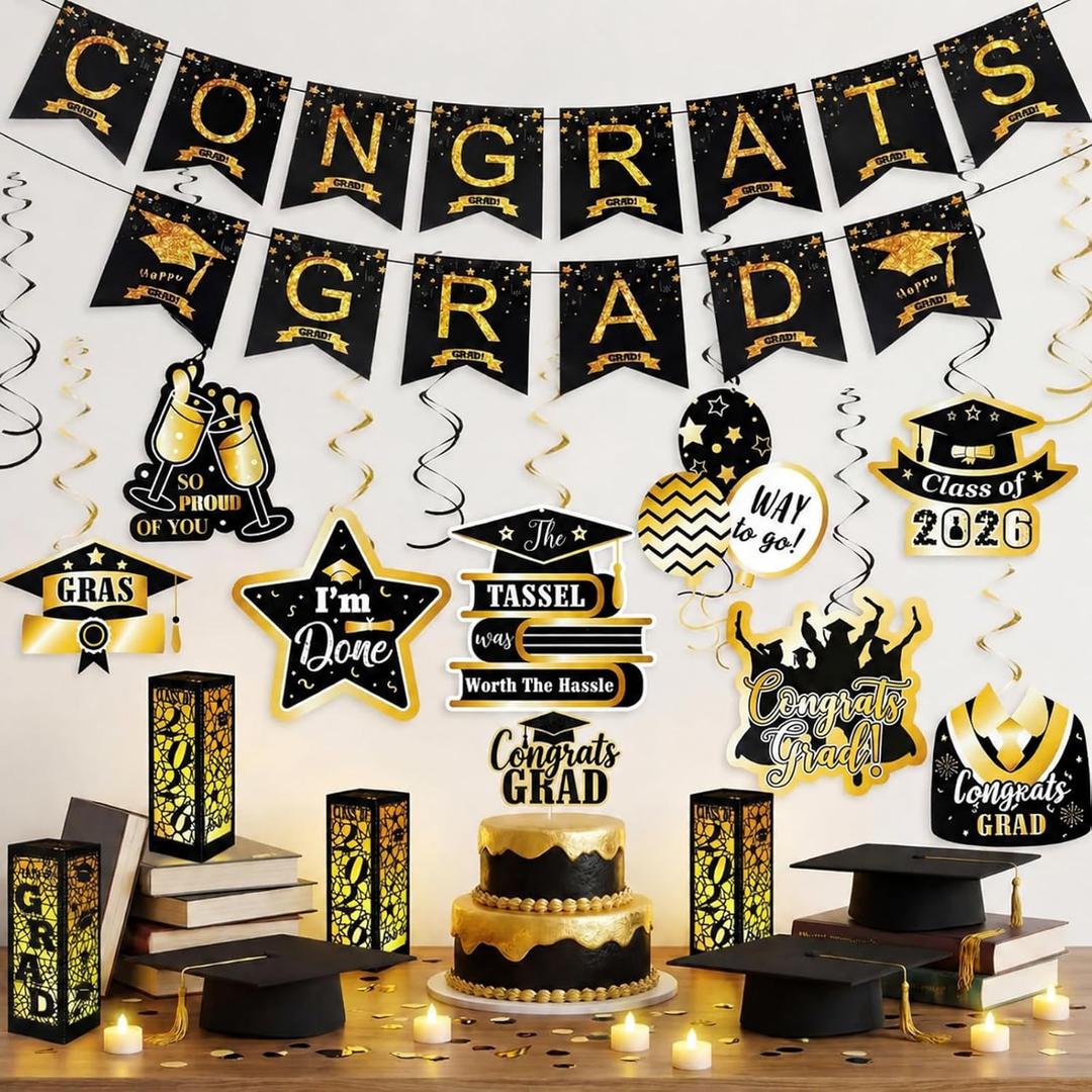 Rossesay 23 Pcs Graduation Black and Gold Party Decorations 2026 Congrats Grad Party Supplies with Banner Hanging Swirls Lanterns Candles for Class of 2026 Celebration High School College