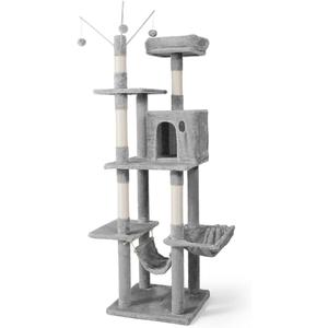 CAPHAUS 70-Inch Multi-Level Tall Cat Tree with Cute Top Perch, Scratching Posts, Cat Activity Tree w/Modern Hammock, Cat Cave Condo for Large Cats Kittens Tall Cat Climbing Play Tower (Light Grey)