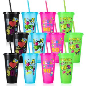 12 Pcs 90s Party Cups with Lids and Straws, 24OZ 90s Theme Party Decorations Drinking Cups Bulk for Retro Music Party Supplies Throwback Dance Birthday Party Supplies